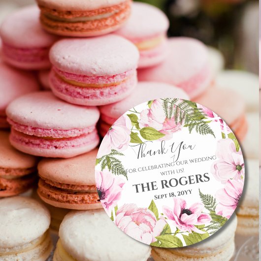 シックなピンクウォーターカラーフローラありがとう ラウンドシール