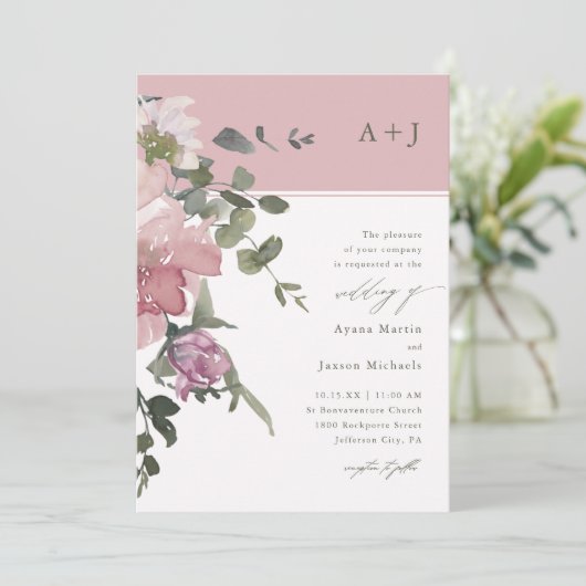シックなピンクウォーターカラーフローラ結婚ズ 招待状 (スタンド正面)