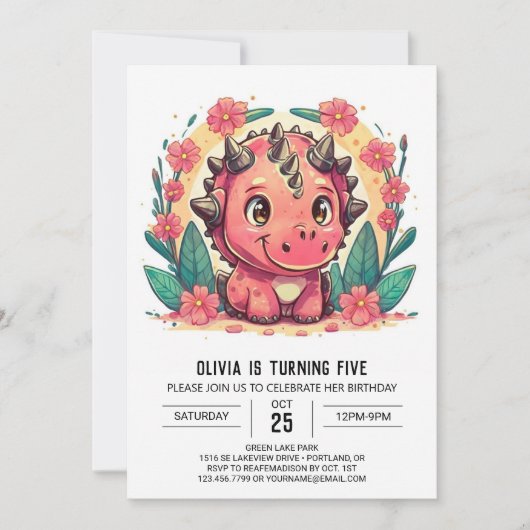 シックなピンクカスタムの恐竜ガール誕生日 招待状 (正面)