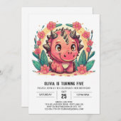 シックなピンクカスタムの恐竜ガール誕生日 招待状 (正面/裏面)