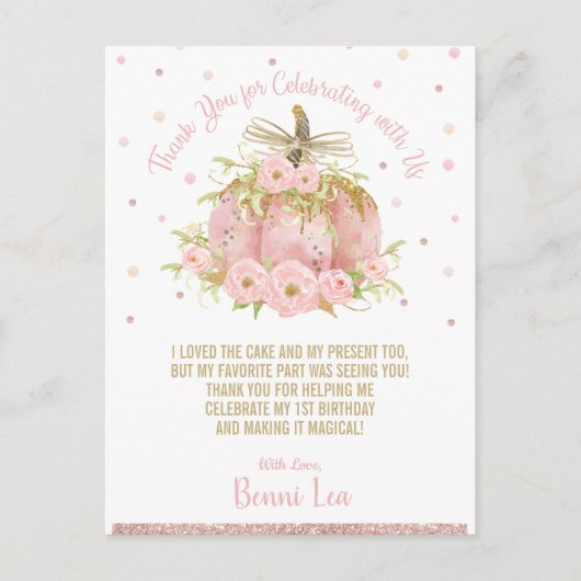 シックなピンクカボチャ1st誕生日パーティーありがとう ポストカード (正面)