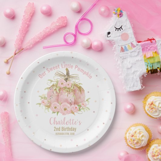 シックなピンクカボチャ1st誕生日フローラガール ペーパープレート (パーティー)