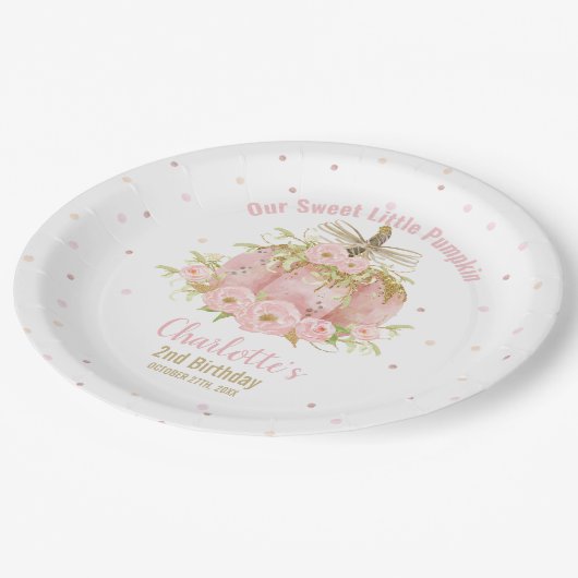 シックなピンクカボチャ1st誕生日フローラガール ペーパープレート (アングル)