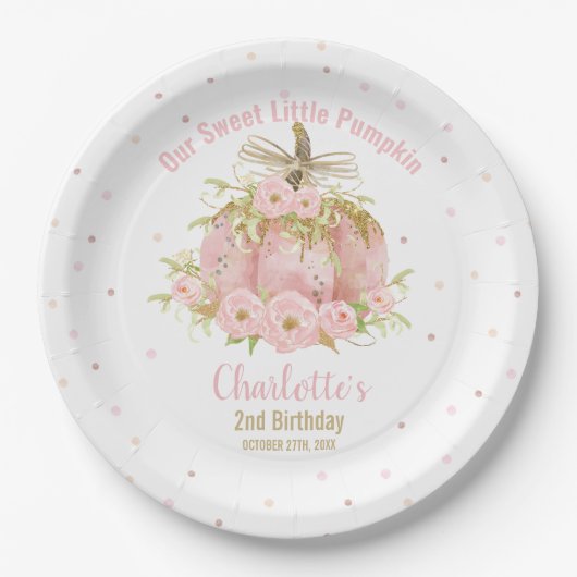 シックなピンクカボチャ1st誕生日フローラガール ペーパープレート (正面)
