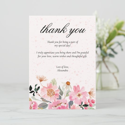 シックなピンクガーデンフラワーズブライダルシャワー サンキューカード (スタンド正面)