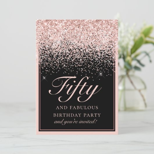 シックなピンクグリッターフィフティアンドファブラス誕生日 招待状 (スタンド正面)