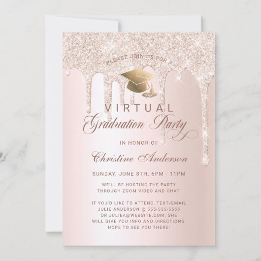 シックなピンクグリッターフォトバーチャル卒業パーティー 招待状 (裏面)