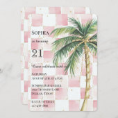シックなピンクスクウェア金ゴールドパームツリー誕生日 招待状 (正面/裏面)