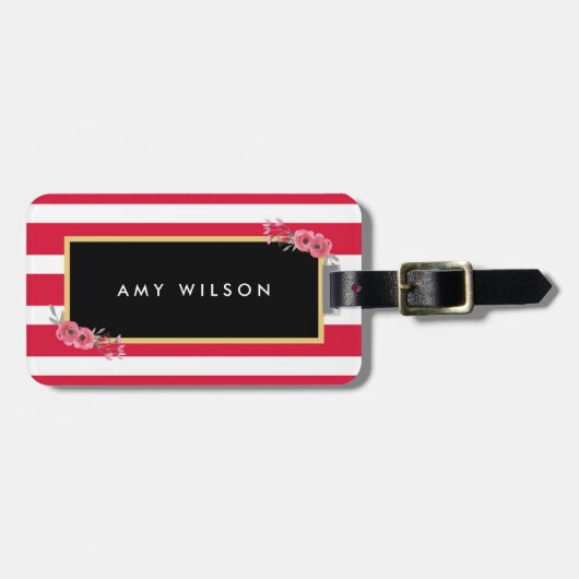 シックなピンクストライプ色のフローララゲージタグ ラゲッジタグ (正面横)