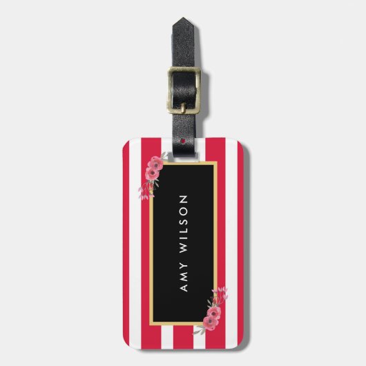 シックなピンクストライプ色のフローララゲージタグ ラゲッジタグ (正面縦)