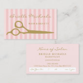 シックなピンクストライプ金ゴールドはさみヘアアポイントメント 予約カード (正面/裏面)