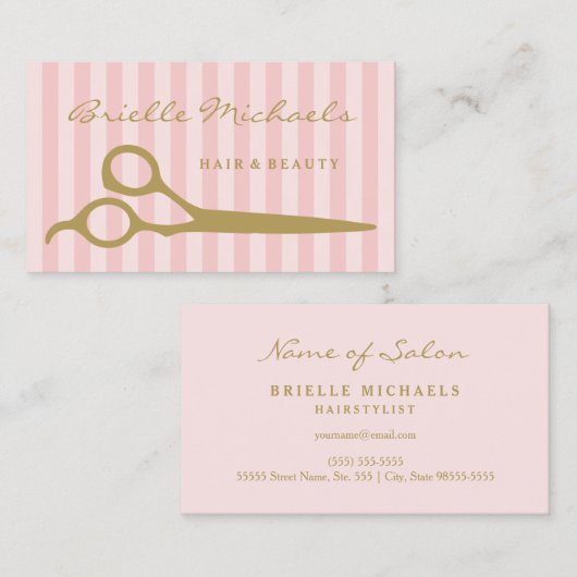 シックなピンクストライプ金ゴールドはさみ髪と美しい 名刺 (正面/裏面)