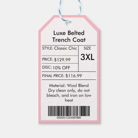 シックなピンクスモールビジネスロゴ衣料品価格ラベル ギフトタグ (正面)