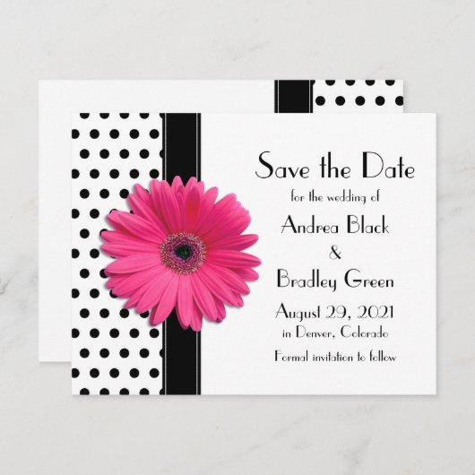 シックなピンクデイジーフラワーブラック&ホワイト水玉模様 セーブザデート (正面/裏面)