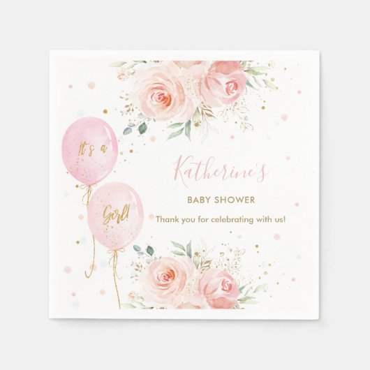 シックなピンクバルーンフローラガールベビーシャワー スタンダードカクテルナプキン (正面)