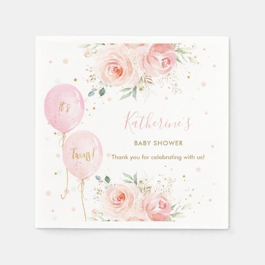 シックなピンクバルーンフローラツインガールズベビーシャワー スタンダードカクテルナプキン (正面)