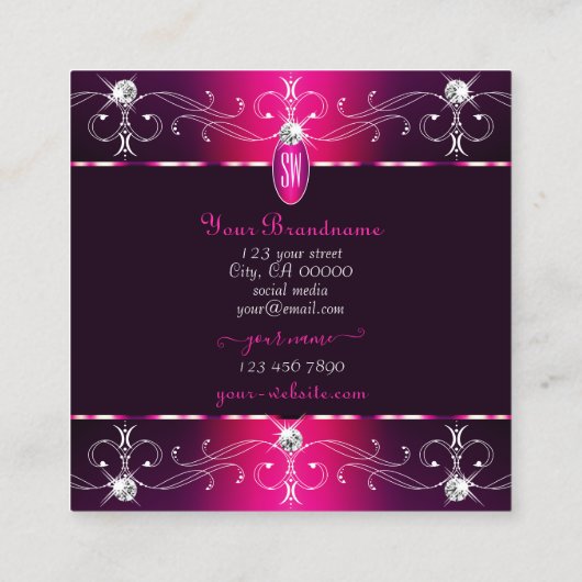 シックなピンクパープルバーガン華美オーナメントモノグラム スクエア名刺 (裏面)
