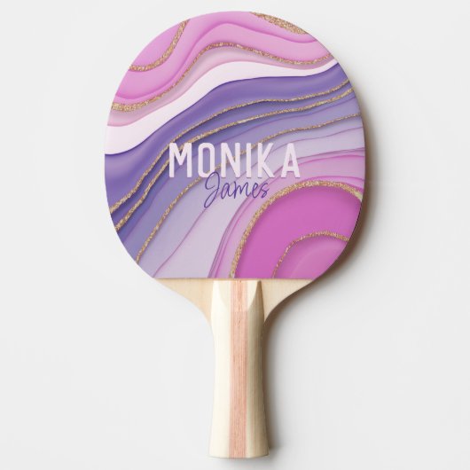 シックなピンクパープルフェイク金ゴールドグリッターマーブルモノグラム 卓球ラケット (正面)