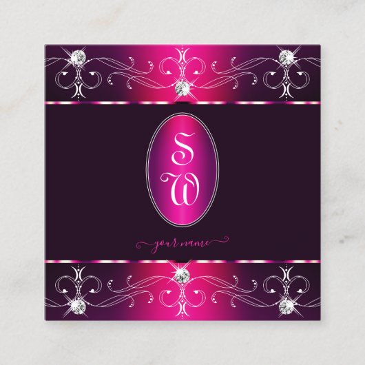 シックなピンクパープルブルゴーニュ華美オーナメントイニシャル スクエア名刺 (正面)