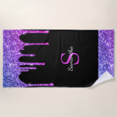 シックなピンクパープルブルーグリッタードリップスブラックモノグラム ビーチタオル (正面)