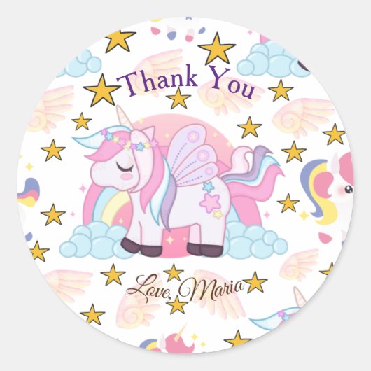 シックなピンクパープル金ゴールドスターユニコーン名ありがとう ラウンドシール (正面)