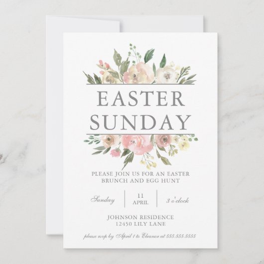 シックなピンクフローライースターサンデーブルンチエッグ狩り 招待状 (正面)