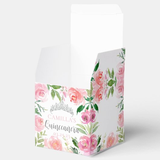 シックなピンクフローラキンセアニラシルバーティアラパーティー フェイバーボックス (オープン)