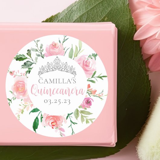 シックなピンクフローラキンセアニラシルバーティアラパーティー ラウンドシール