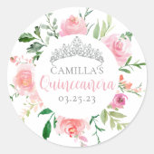 シックなピンクフローラキンセアニラシルバーティアラパーティー ラウンドシール (正面)