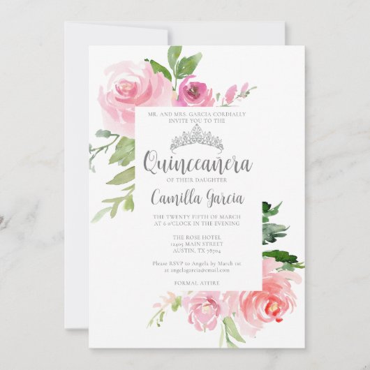 シックなピンクフローラキンセアニラシルバーティアラパーティー 招待状 (正面)