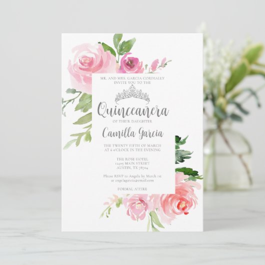 シックなピンクフローラキンセアニラシルバーティアラパーティー 招待状 (スタンド正面)