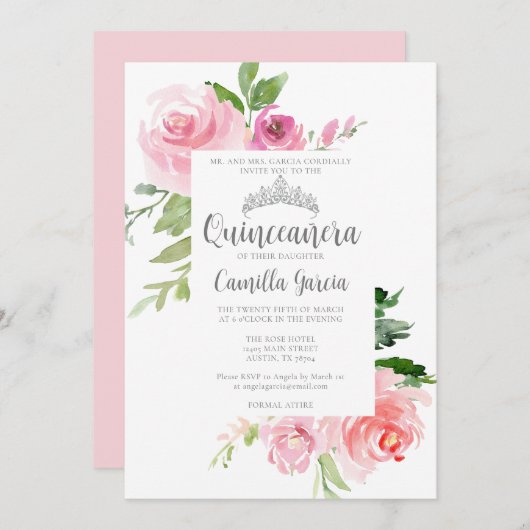 シックなピンクフローラキンセアニラシルバーティアラパーティー 招待状 (正面/裏面)