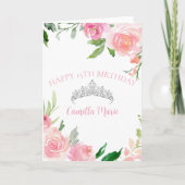 シックなピンクフローラシルバーティアラキンセアニラ誕生日 カード (正面)