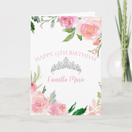 シックなピンクフローラシルバーティアラキンセアニラ誕生日 カード (正面)