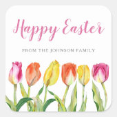 シックなピンクフローラチューリップハッピーイースター スクエアシール (正面)