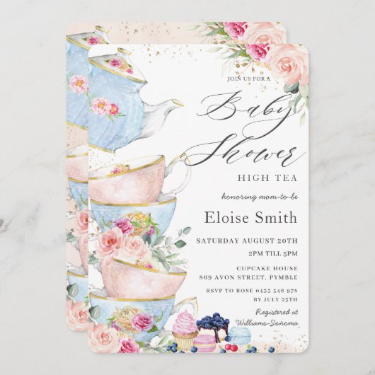 シックなピンクフローラハイティーパーティーベビーシャワー 招待状 (正面/裏面)