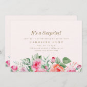 シックなピンクフローラバラサプライズ誕生日パーティー 招待状 (正面/裏面)