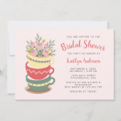シックなピンクフローラブライダルシャワーティーパーティー 招待状 (正面)