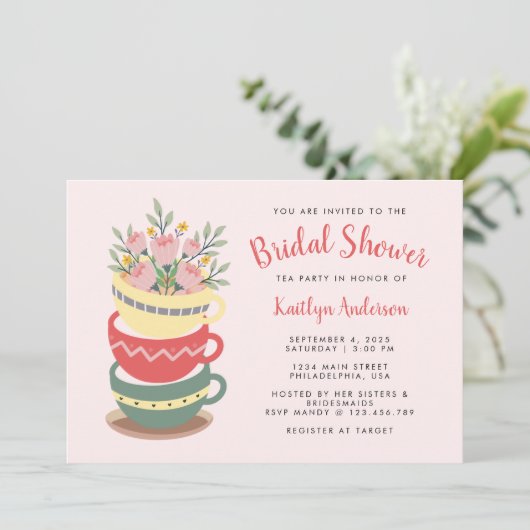 シックなピンクフローラブライダルシャワーティーパーティー 招待状 (スタンド正面)