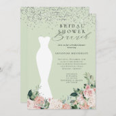 シックなピンクフローラブライダルドレスブライダルシャワーブランチ 招待状 (正面/裏面)