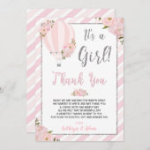 シックなピンクフローラホットエアバルーンベビーシャワー サンキューカード (正面/裏面)
