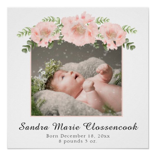 シックなピンクフローラ新生児ガールシャワーまたは子供部屋 ポスター (正面)