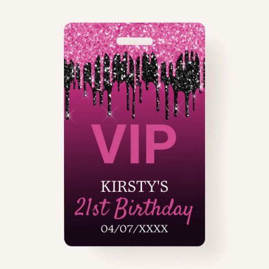 シックなピンクブラックドリッピンググリッター誕生日パーティー バッジ (正面)