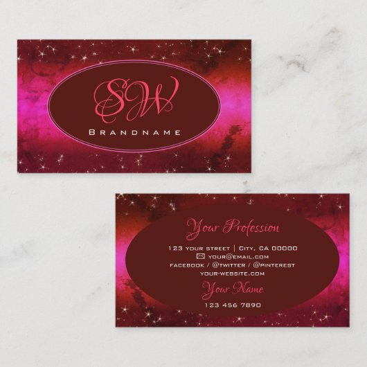 シックなピンクブルガンディマーブルグリッタースターズモノグラム 名刺 (正面/裏面)