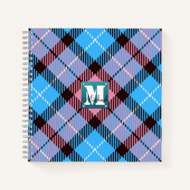 シックなピンクブループレイドタータンチェックレザーモノグラム名 ノートブック