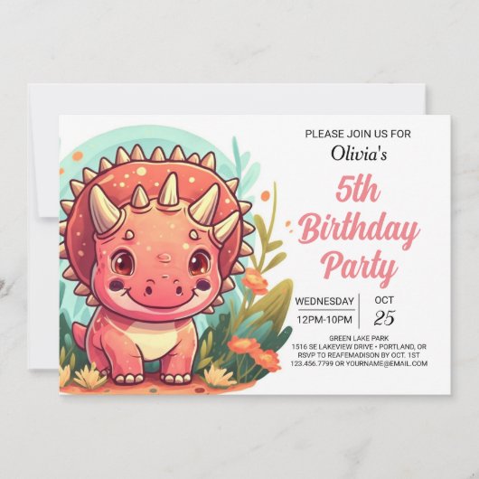 シックなピンクプリント可能な恐竜ガール誕生日 招待状 (正面)