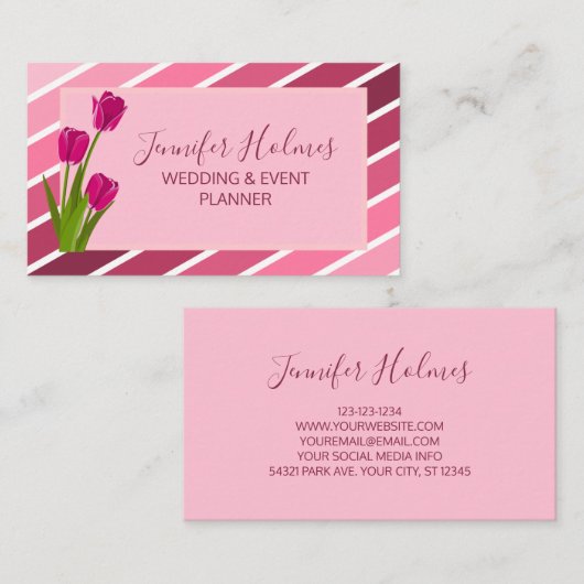 シックなピンクホワイトストライプフローラ 名刺 (正面/裏面)