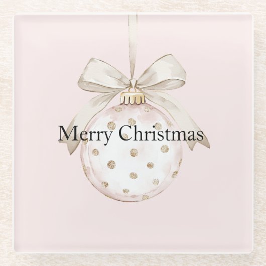 シックなピンクホワイトドットボウオーナメントクリスマス ガラスコースター (正面)