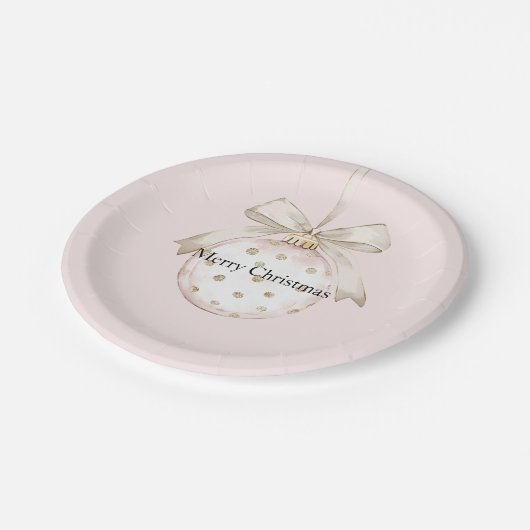 シックなピンクホワイトドットボウオーナメントクリスマス ペーパープレート (アングル)