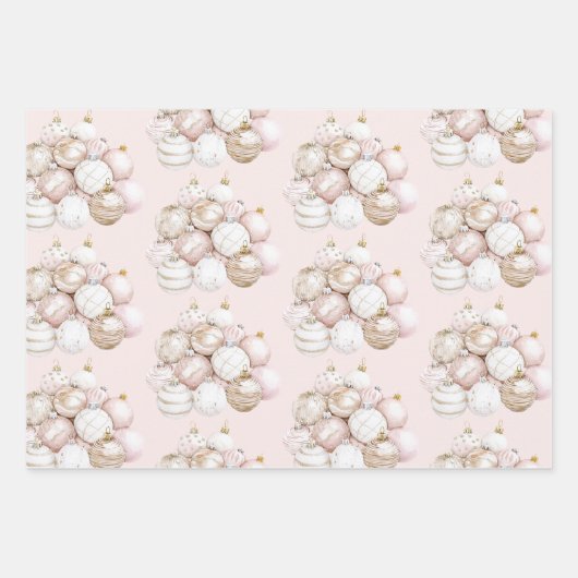 シックなピンクホワイトドットボウオーナメントクリスマス ラッピングペーパーシート (正面3)